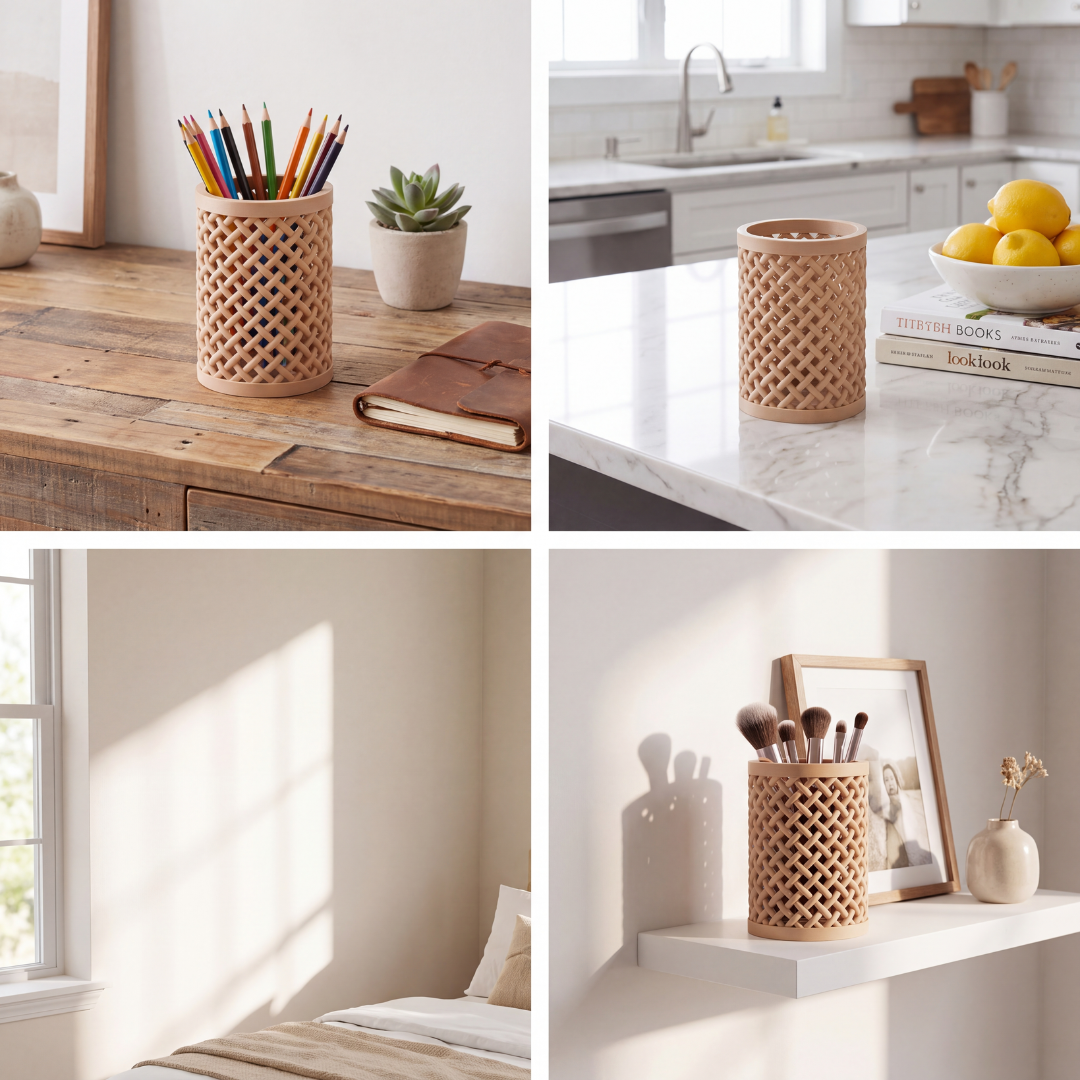 Woven Pencil Holder — Rattan-Style Lattice Desk Cup for Pens, Pencils, Brushes & Tools
