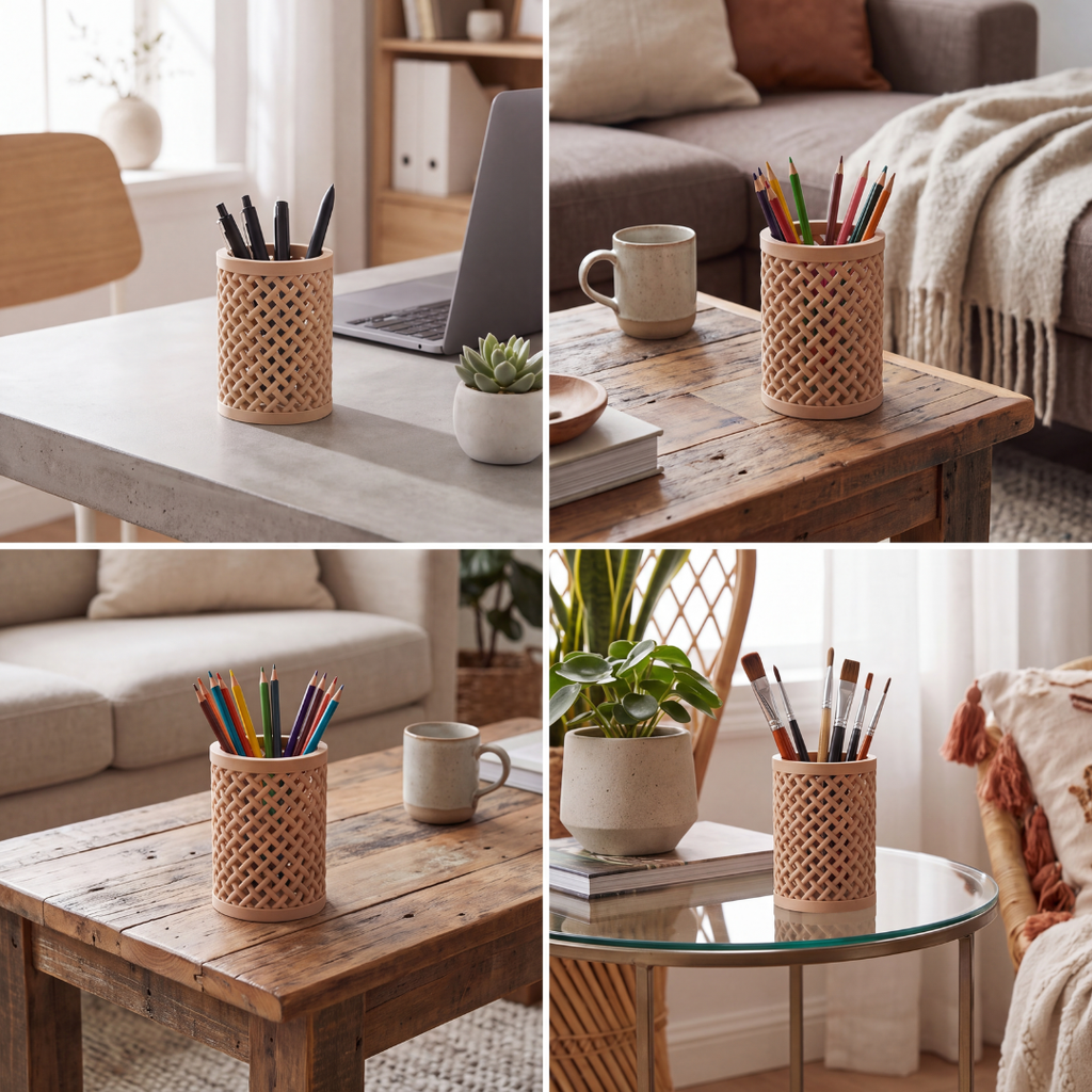 Woven Pencil Holder — Rattan-Style Lattice Desk Cup for Pens, Pencils, Brushes & Tools
