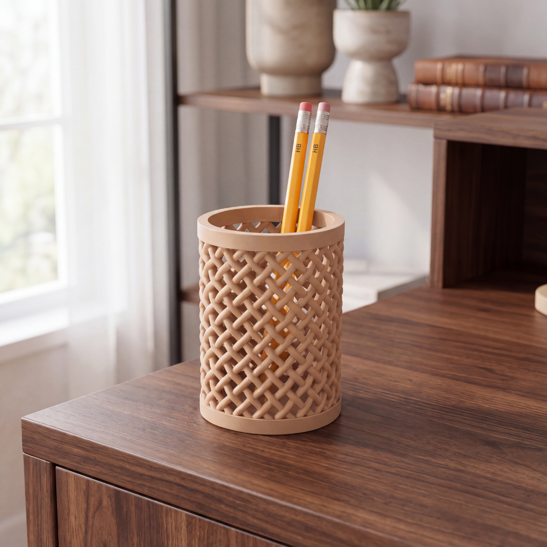 Woven Pencil Holder — Rattan-Style Lattice Desk Cup for Pens, Pencils, Brushes & Tools
