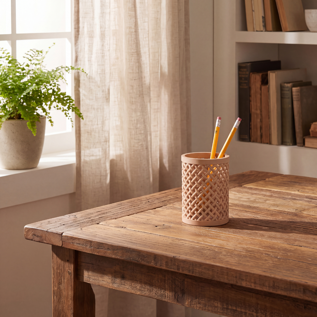 Woven Pencil Holder — Rattan-Style Lattice Desk Cup for Pens, Pencils, Brushes & Tools
