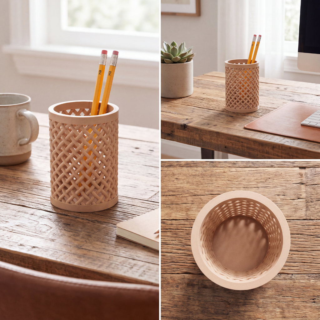 Woven Pencil Holder — Rattan-Style Lattice Desk Cup for Pens, Pencils, Brushes & Tools