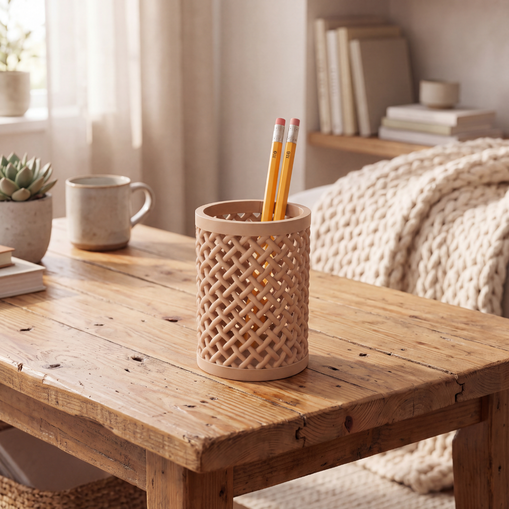 Woven Pencil Holder — Rattan-Style Lattice Desk Cup for Pens, Pencils, Brushes & Tools