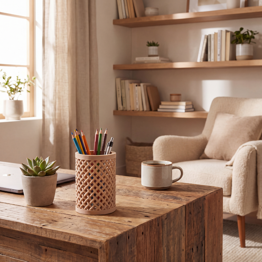 Woven Pencil Holder — Rattan-Style Lattice Desk Cup for Pens, Pencils, Brushes & Tools